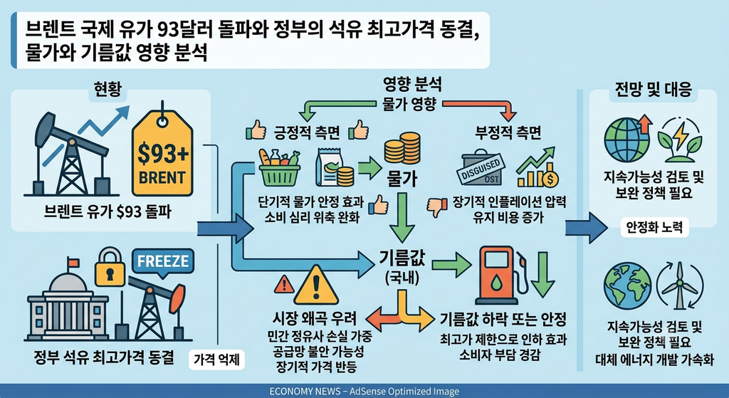 브렌트 국제 유가 93달러 돌파와 정부의 석유 최고가격 동결이 물가와 기름값 영향 분석